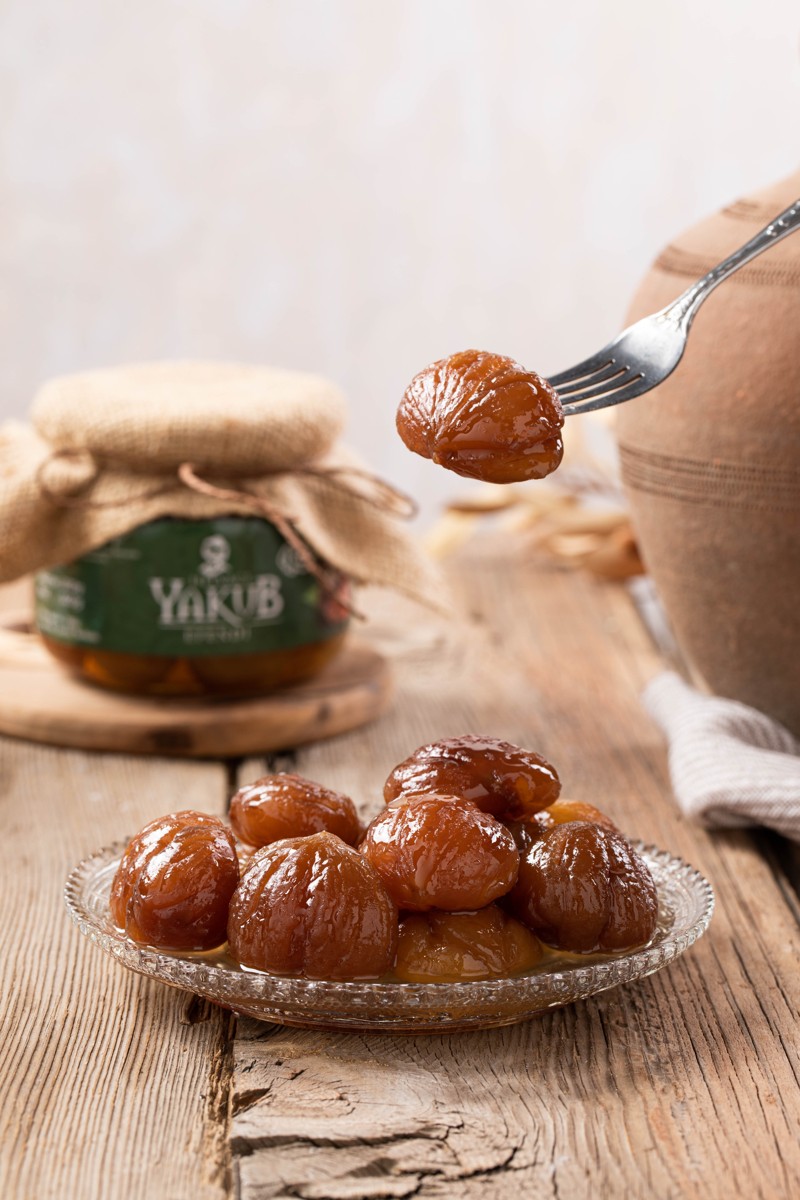 Yakub marrons glacés with glazed chestnuts served on a plate